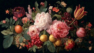 繁花硕果静物花卉画作