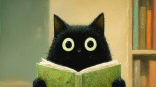 黑猫专注读书萌态十足