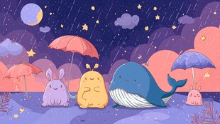 雨夜中可爱动物的温馨场景