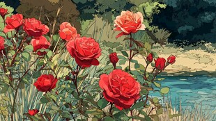 溪边绽放的艳丽红玫瑰