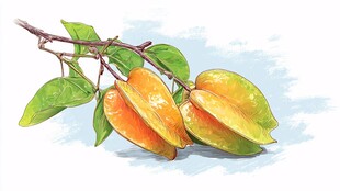 水彩画中的杨桃与枝叶