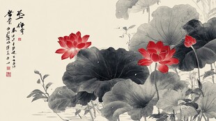水墨荷花图 红荷映墨叶