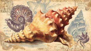 复古风海螺与海洋元素插画