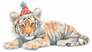 戴新年帽的可爱小老虎