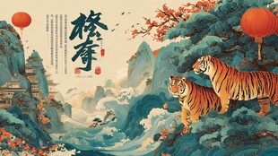 虎年山水双虎贺岁图景