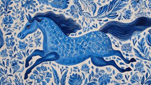 蓝花背景下奔腾的梦幻蓝马