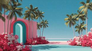 梦幻海滨粉色拱门景观