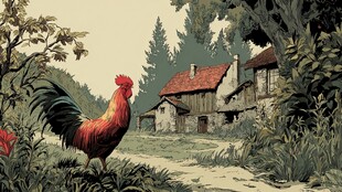 乡村小道上的雄鸡与木屋