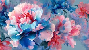 梦幻蓝粉牡丹花绘景