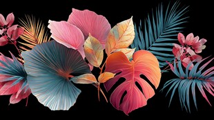 热带多彩花卉与叶片图案