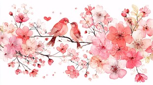 双鸟栖于烂漫花枝间