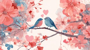 春日双鸟栖于繁花枝头