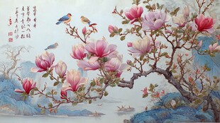 玉兰花枝上的灵动鸟儿