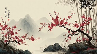 水墨红梅山水意境图