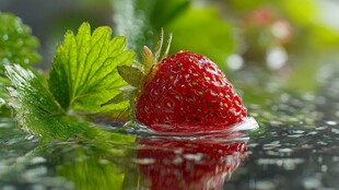 水润鲜红草莓带绿叶