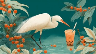 白鹭啜饮珍珠奶茶趣景