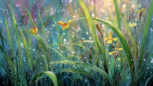 梦幻晨露中的烂漫花草