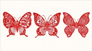 三只精美红色剪纸蝴蝶
