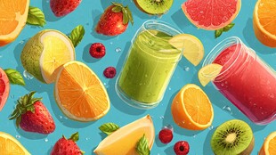 缤纷鲜果与美味果汁插画