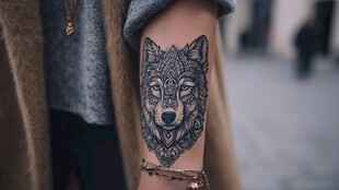手臂上的精美狼头纹身