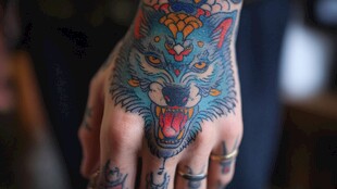 手背上的炫酷狼头纹身
