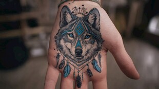 手背上的精美狼头纹身