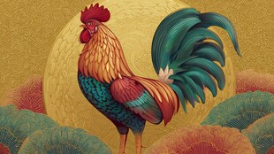 绚丽公鸡立于中式背景中