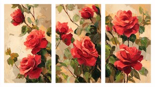 三联幅 娇艳盛放的红玫瑰