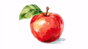 水彩画中的红苹果与绿叶