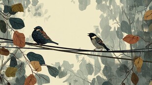 电线上的双鸟与秋叶