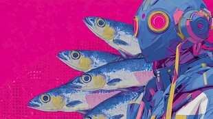 赛博风人物与群鱼插画