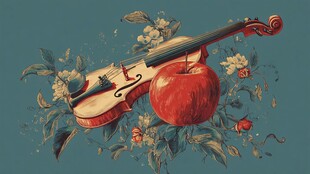 小提琴与苹果的梦幻插画