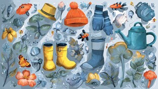 多彩户外用品与花卉插画