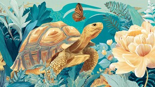 海龟悠游于繁花绿植间