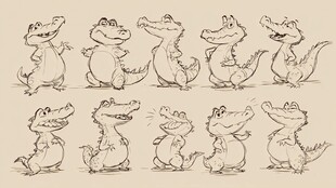 卡通鳄鱼多样姿势绘画