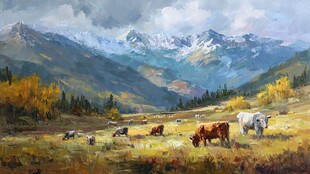 秋日山间牧场牛群图景