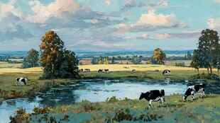 田园牧歌 河畔悠闲的牛群