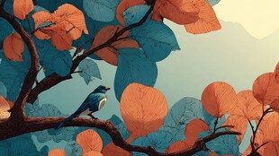 枝头小鸟栖于斑斓秋叶间