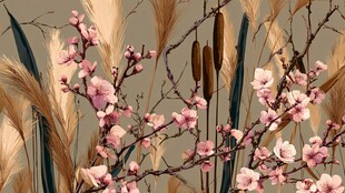 春日花卉芦苇唯美插画