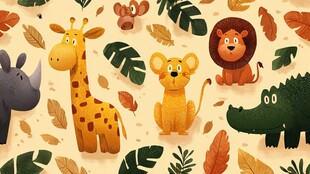 可爱野生动物与植物图案