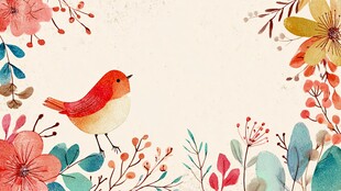 花鸟插画 红鸟立于繁花间