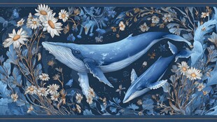 梦幻蓝调鲸鱼与花卉图景