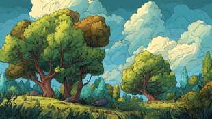 夏日葱郁森林风景插画