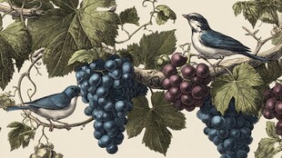 葡萄藤上的双鸟插画