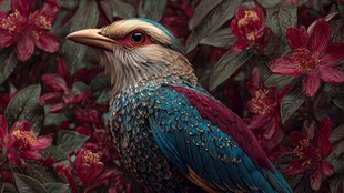 彩羽鸟栖于繁花绿叶间