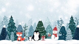 冬日森林里的动物与雪人