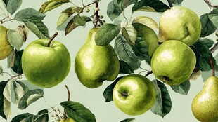 青苹果与梨的水彩植物图