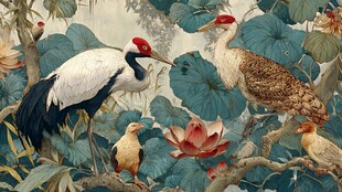 仙鹤栖于繁花绿叶间