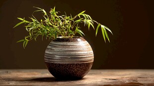 陶罐中的翠绿竹子盆景