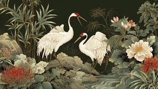 双鹤栖于繁花绿植间